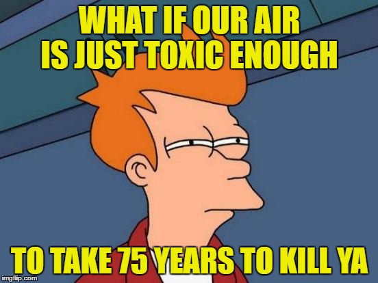 Futurama Fry | WHAT IF OUR AIR IS JUST TOXIC ENOUGH; TO TAKE 75 YEARS TO KILL YA | image tagged in memes,futurama fry | made w/ Imgflip meme maker