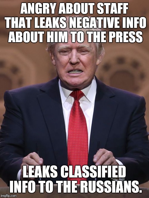 Donald Trump | ANGRY ABOUT STAFF THAT LEAKS NEGATIVE INFO ABOUT HIM TO THE PRESS; LEAKS CLASSIFIED INFO TO THE RUSSIANS. | image tagged in donald trump | made w/ Imgflip meme maker
