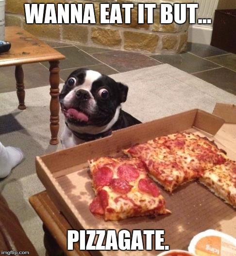 Hungry Pizza Dog | WANNA EAT IT BUT... PIZZAGATE. | image tagged in hungry pizza dog | made w/ Imgflip meme maker