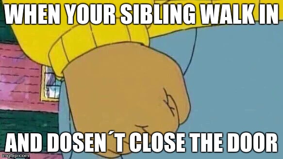 Arthur Fist Meme | WHEN YOUR SIBLING WALK IN; AND DOSEN´T CLOSE THE DOOR | image tagged in memes,arthur fist | made w/ Imgflip meme maker