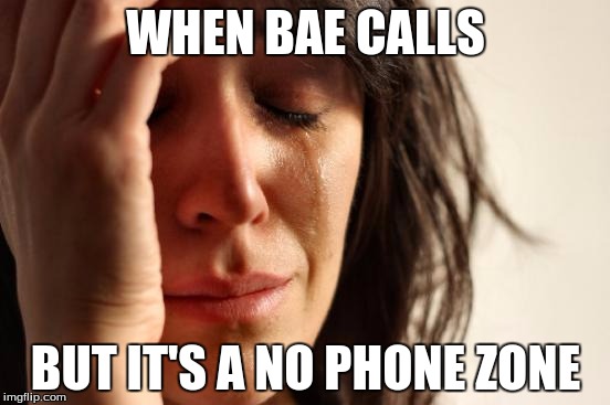 First World Problems Meme | WHEN BAE CALLS; BUT IT'S A NO PHONE ZONE | image tagged in memes,first world problems | made w/ Imgflip meme maker