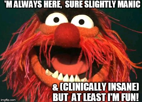 'M ALWAYS HERE,  SURE SLIGHTLY MANIC; & (CLINICALLY INSANE) BUT  AT LEAST I'M FUN! | image tagged in muppets  animal,insane,here always | made w/ Imgflip meme maker