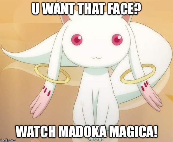 Kyubey | U WANT THAT FACE? WATCH MADOKA MAGICA! | image tagged in kyubey | made w/ Imgflip meme maker