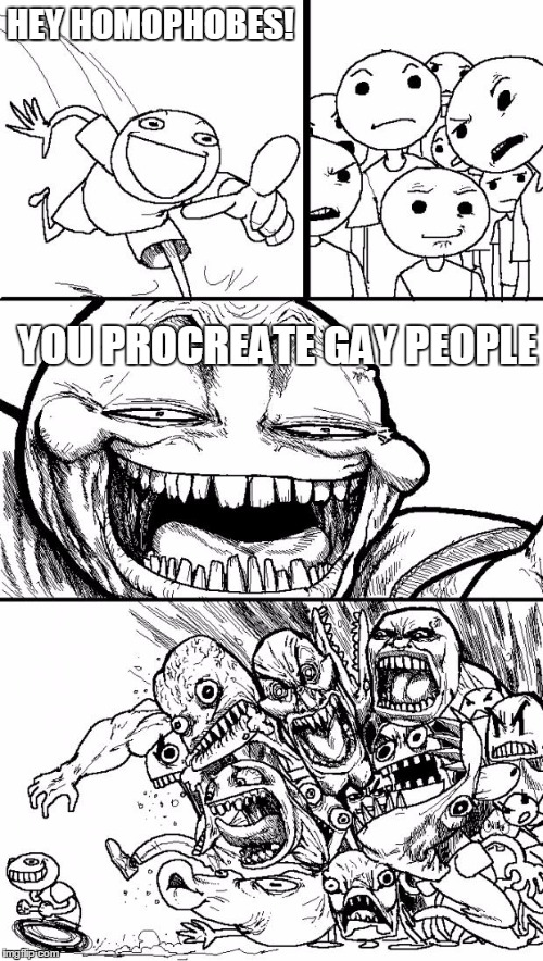 Don't like gay people?  Stop having gay babies. | HEY HOMOPHOBES! YOU PROCREATE GAY PEOPLE | image tagged in memes,hey internet | made w/ Imgflip meme maker
