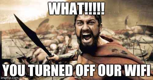 Sparta Leonidas | WHAT!!!!! YOU TURNED OFF OUR WIFI | image tagged in memes,sparta leonidas | made w/ Imgflip meme maker