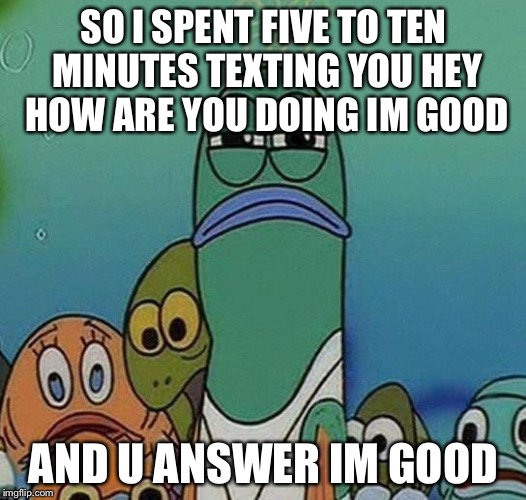 SpongeBob | SO I SPENT FIVE TO TEN MINUTES TEXTING YOU HEY HOW ARE YOU DOING IM GOOD; AND U ANSWER IM GOOD | image tagged in spongebob | made w/ Imgflip meme maker