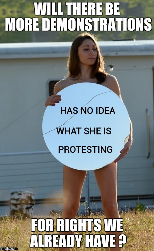 WILL THERE BE MORE DEMONSTRATIONS FOR RIGHTS WE ALREADY HAVE ? | image tagged in protester | made w/ Imgflip meme maker