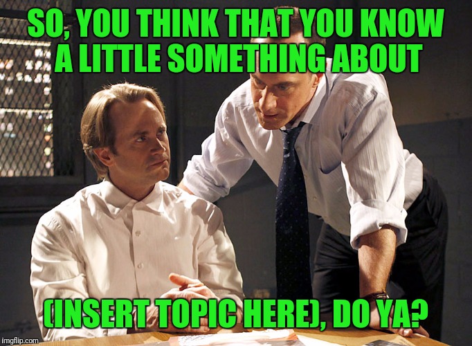 law & order | SO, YOU THINK THAT YOU KNOW A LITTLE SOMETHING ABOUT (INSERT TOPIC HERE), DO YA? | image tagged in law  order | made w/ Imgflip meme maker