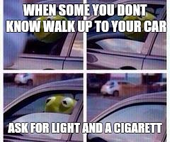 Kermit rolls up window | WHEN SOME YOU DONT KNOW WALK UP TO YOUR CAR; ASK FOR LIGHT AND A CIGARETT | image tagged in kermit rolls up window | made w/ Imgflip meme maker