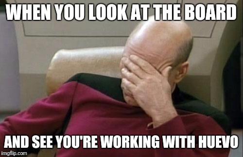 Captain Picard Facepalm Meme | WHEN YOU LOOK AT THE BOARD; AND SEE YOU'RE WORKING WITH HUEVO | image tagged in memes,captain picard facepalm | made w/ Imgflip meme maker