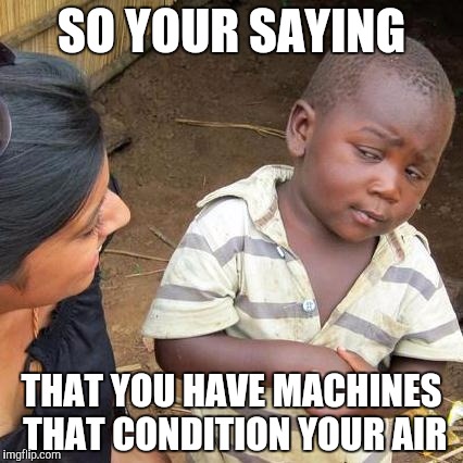 Third World Skeptical Kid | SO YOUR SAYING; THAT YOU HAVE MACHINES THAT CONDITION YOUR AIR | image tagged in memes,third world skeptical kid | made w/ Imgflip meme maker