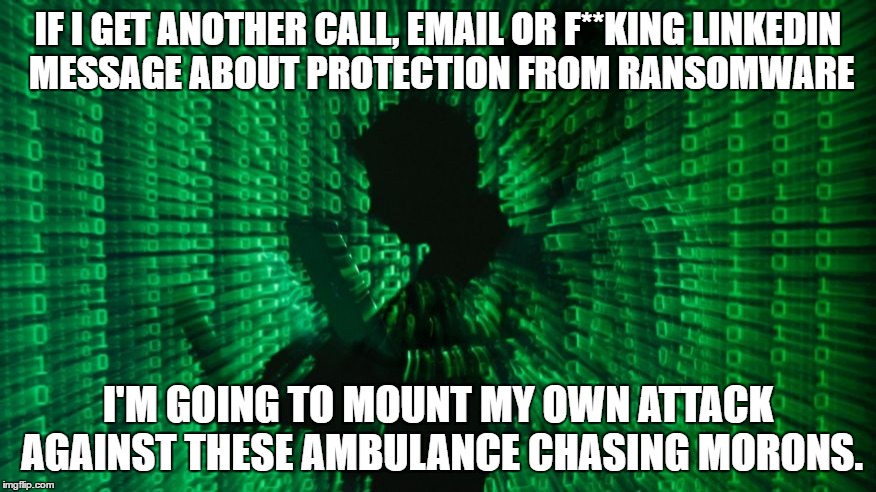 cyberspace | IF I GET ANOTHER CALL, EMAIL OR F**KING LINKEDIN MESSAGE ABOUT PROTECTION FROM RANSOMWARE; I'M GOING TO MOUNT MY OWN ATTACK AGAINST THESE AMBULANCE CHASING MORONS. | image tagged in cyberspace | made w/ Imgflip meme maker