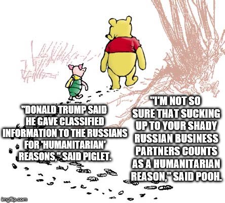 pooh | "I'M NOT SO SURE THAT SUCKING UP TO YOUR SHADY RUSSIAN BUSINESS PARTNERS COUNTS AS A HUMANITARIAN REASON," SAID POOH. "DONALD TRUMP SAID HE GAVE CLASSIFIED INFORMATION TO THE RUSSIANS FOR 'HUMANITARIAN' REASONS," SAID PIGLET. | image tagged in pooh | made w/ Imgflip meme maker