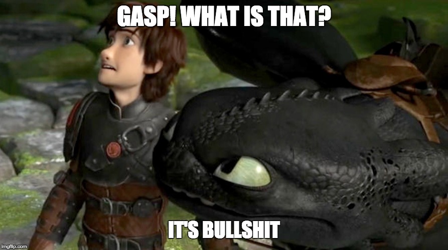 GASP! WHAT IS THAT? IT'S BULLSHIT | image tagged in toothless,hiccup,how to train your dragon | made w/ Imgflip meme maker