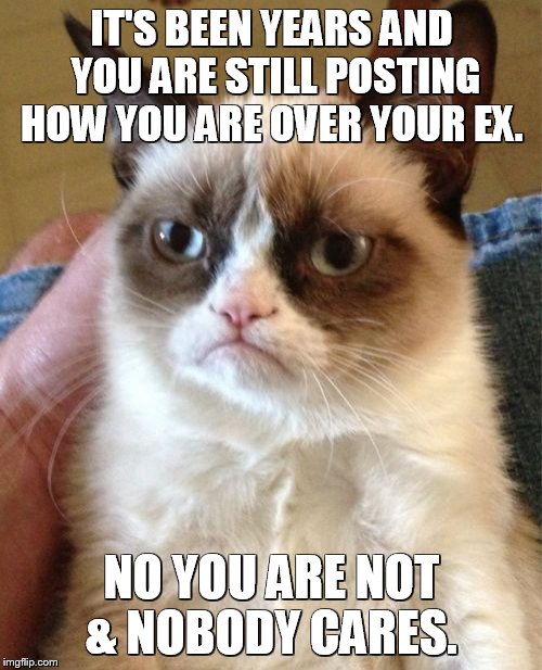 Grumpy Cat Meme | IT'S BEEN YEARS AND YOU ARE STILL POSTING HOW YOU ARE OVER YOUR EX. NO YOU ARE NOT & NOBODY CARES. | image tagged in memes,grumpy cat | made w/ Imgflip meme maker