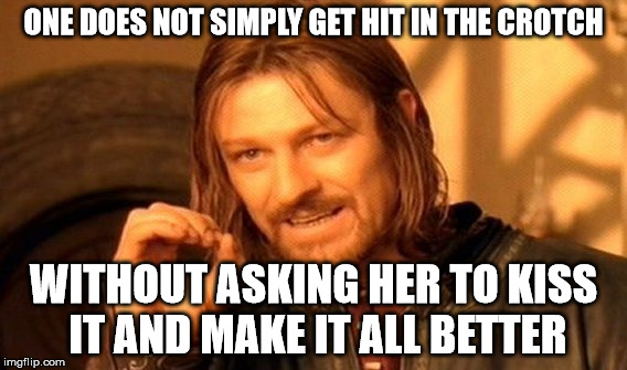 One Does Not Simply Meme | ONE DOES NOT SIMPLY GET HIT IN THE CROTCH WITHOUT ASKING HER TO KISS IT AND MAKE IT ALL BETTER | image tagged in memes,one does not simply | made w/ Imgflip meme maker