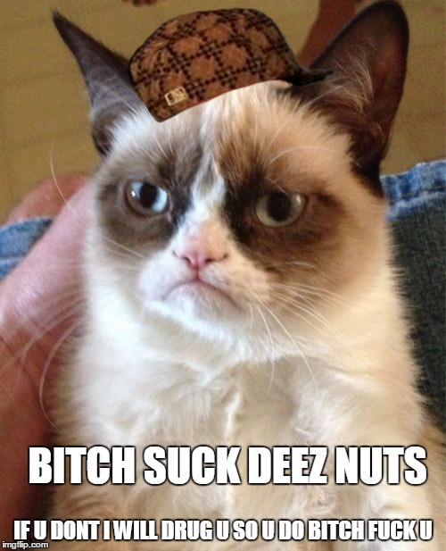 Grumpy Cat Meme | BITCH SUCK DEEZ NUTS; IF U DONT I WILL DRUG U SO U DO BITCH FUCK U | image tagged in memes,grumpy cat,scumbag | made w/ Imgflip meme maker