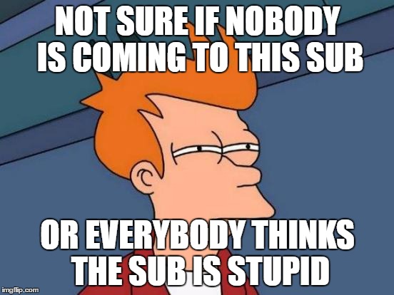 Futurama Fry Meme | NOT SURE IF NOBODY IS COMING TO THIS SUB; OR EVERYBODY THINKS THE SUB IS STUPID | image tagged in memes,futurama fry | made w/ Imgflip meme maker