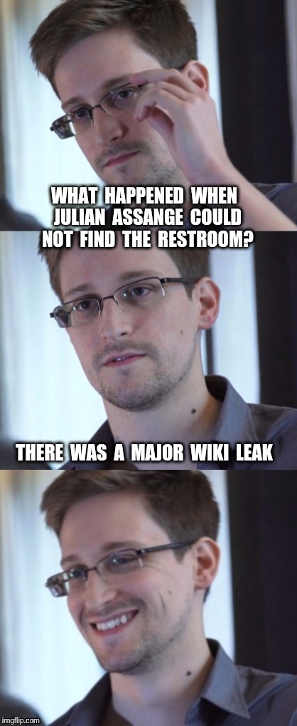 You should have seen the cover-up. | WHAT  HAPPENED  WHEN  JULIAN  ASSANGE  COULD  NOT  FIND  THE  RESTROOM? THERE  WAS  A  MAJOR  WIKI  LEAK | image tagged in bad pun snowden,wikileaks,restroom | made w/ Imgflip meme maker
