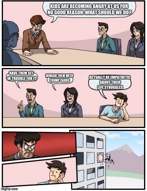 Boardroom Meeting Suggestion Meme | KIDS ARE BECOMING ANGRY AT US FOR NO GOOD REASON. WHAT SHOULD WE DO? HAVE THEM GET IN TROUBLE FOR IT; DEMEAN THEM WITH TRUMP CARDS; ACTUALLY BE EMPATHETIC ABOUT THEIR LIFE STRUGGLES | image tagged in memes,boardroom meeting suggestion,scumbag | made w/ Imgflip meme maker