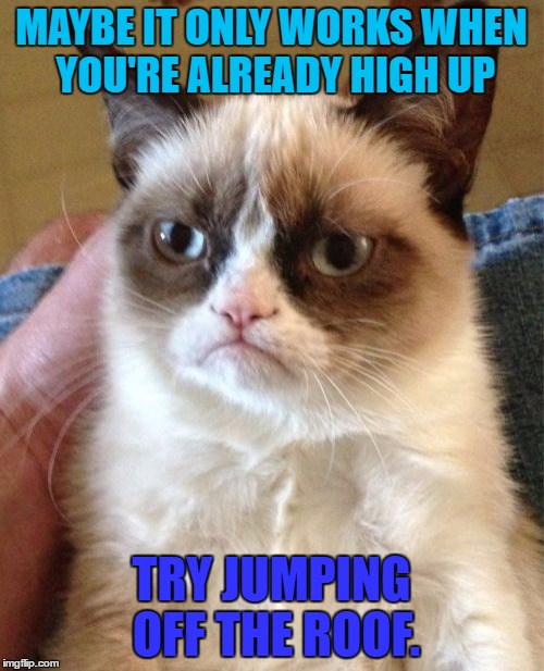 Grumpy Cat Meme | MAYBE IT ONLY WORKS WHEN YOU'RE ALREADY HIGH UP TRY JUMPING OFF THE ROOF. | image tagged in memes,grumpy cat | made w/ Imgflip meme maker