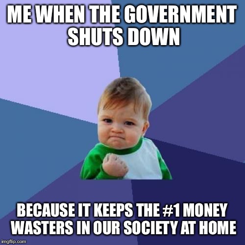 Success Kid Meme | ME WHEN THE GOVERNMENT SHUTS DOWN; BECAUSE IT KEEPS THE #1 MONEY WASTERS IN OUR SOCIETY AT HOME | image tagged in memes,success kid | made w/ Imgflip meme maker