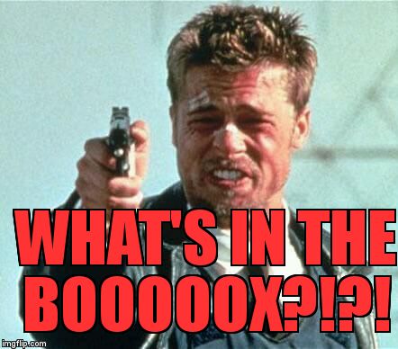 brad pitt whats in the box | WHAT'S IN THE BOOOOOX?!?! | image tagged in brad pitt whats in the box | made w/ Imgflip meme maker
