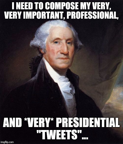 George Washington | I NEED TO COMPOSE MY VERY, VERY IMPORTANT, PROFESSIONAL, AND *VERY* PRESIDENTIAL "TWEETS"... | image tagged in memes,george washington | made w/ Imgflip meme maker