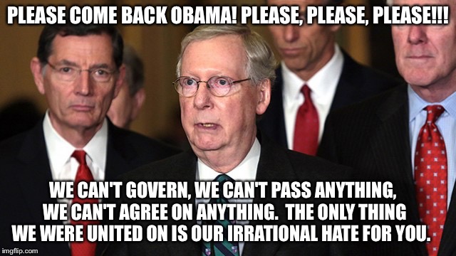 Incompetent. Worthless.  Traitors. | PLEASE COME BACK OBAMA! PLEASE, PLEASE, PLEASE!!! WE CAN'T GOVERN, WE CAN'T PASS ANYTHING, WE CAN'T AGREE ON ANYTHING.  THE ONLY THING WE WERE UNITED ON IS OUR IRRATIONAL HATE FOR YOU. | image tagged in traitors | made w/ Imgflip meme maker