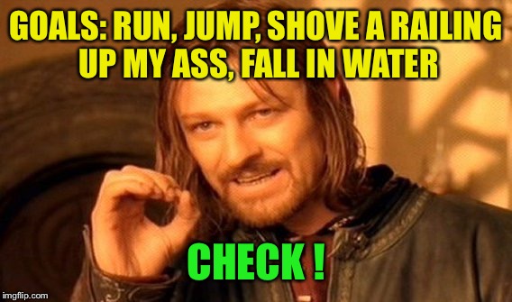 One Does Not Simply Meme | GOALS: RUN, JUMP, SHOVE A RAILING UP MY ASS, FALL IN WATER CHECK ! | image tagged in memes,one does not simply | made w/ Imgflip meme maker