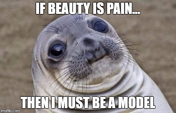 Awkward Moment Sealion | IF BEAUTY IS PAIN... THEN I MUST BE A MODEL | image tagged in memes,awkward moment sealion | made w/ Imgflip meme maker