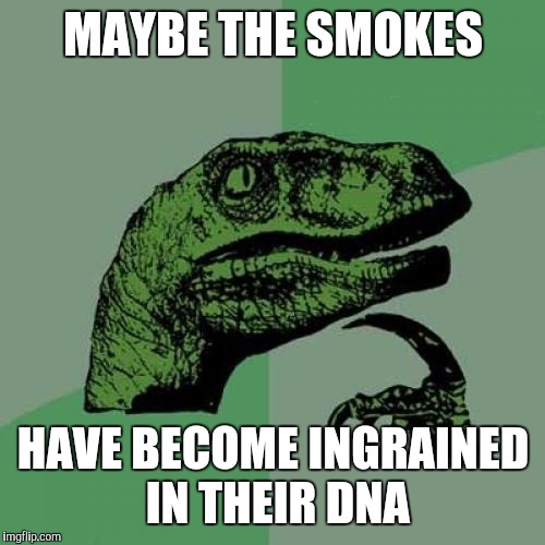 Philosoraptor Meme | MAYBE THE SMOKES HAVE BECOME INGRAINED IN THEIR DNA | image tagged in memes,philosoraptor | made w/ Imgflip meme maker