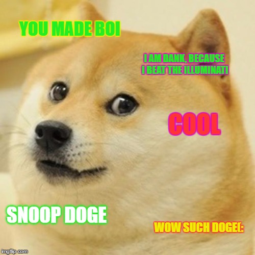 Doge | YOU MADE BOI; I AM DANK, BECAUSE I BEAT THE ILLUMINATI; COOL; SNOOP DOGE; WOW SUCH DOGE(: | image tagged in memes,doge | made w/ Imgflip meme maker