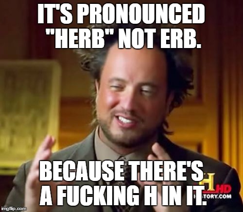 Ancient Aliens Meme | IT'S PRONOUNCED "HERB" NOT ERB. BECAUSE THERE'S A F**KING H IN IT. | image tagged in memes,ancient aliens | made w/ Imgflip meme maker