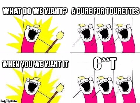 What Do We Want | WHAT DO WE WANT? A CURE FOR TOURETTES; C**T; WHEN YOU WE WANT IT | image tagged in memes,what do we want | made w/ Imgflip meme maker