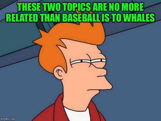 Futurama Fry Meme | THESE TWO TOPICS ARE NO MORE RELATED THAN BASEBALL IS TO WHALES | image tagged in memes,futurama fry | made w/ Imgflip meme maker