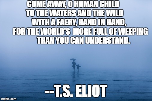 Come Away, O Human Child... | COME AWAY, O HUMAN CHILD 

     TO THE WATERS AND THE WILD
  

      
WITH A FAERY, HAND IN HAND,        FOR THE WORLD'S  MORE FULL OF WEEPING          
THAN YOU CAN UNDERSTAND. --T.S. ELIOT | image tagged in poem,child | made w/ Imgflip meme maker