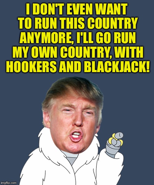 Who wants to be president  of this dumb old country anyway?! | I DON'T EVEN WANT TO RUN THIS COUNTRY ANYMORE, I'LL GO RUN MY OWN COUNTRY, WITH HOOKERS AND BLACKJACK! | image tagged in bender blackjack and hookers,trump,donald trump | made w/ Imgflip meme maker