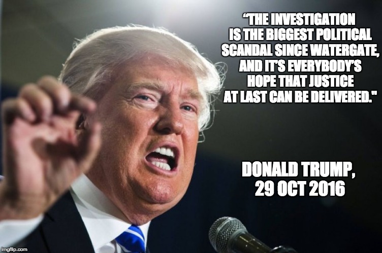 donald trump | “THE INVESTIGATION IS THE BIGGEST POLITICAL SCANDAL SINCE WATERGATE, AND IT’S EVERYBODY’S HOPE THAT JUSTICE AT LAST CAN BE DELIVERED."; DONALD TRUMP, 29 OCT 2016 | image tagged in donald trump | made w/ Imgflip meme maker