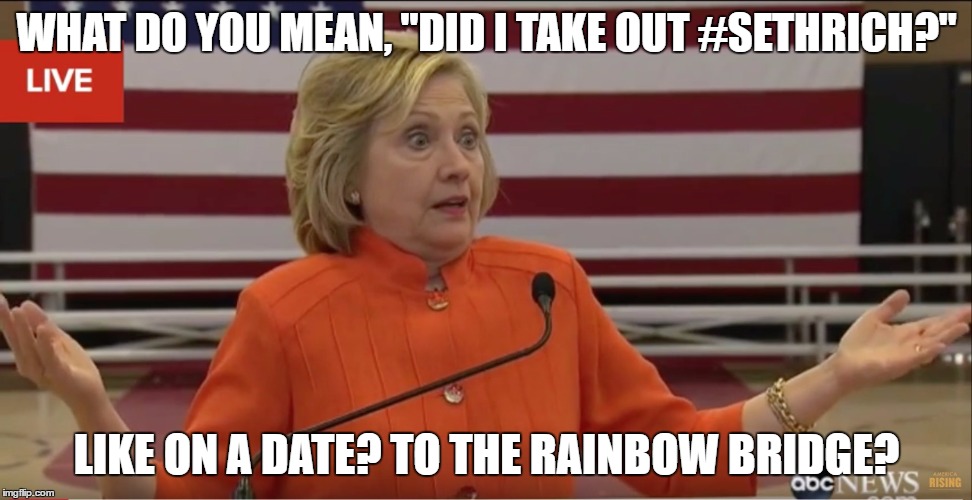 Hilary Clinton IDK | WHAT DO YOU MEAN, "DID I TAKE OUT #SETHRICH?"; LIKE ON A DATE? TO THE RAINBOW BRIDGE? | image tagged in hilary clinton idk | made w/ Imgflip meme maker