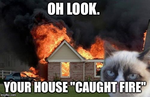 Burn Kitty | OH LOOK. YOUR HOUSE "CAUGHT FIRE" | image tagged in memes,burn kitty,grumpy cat | made w/ Imgflip meme maker
