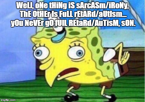 Mocking Spongebob Meme | WeLl, oNe tHiNg iS sArcASm/iRoNy, ThE OtHEr Is FuLL rEtARd/aUtIsm... yOu NeVEr gO fUlL REtaRd/AuTisM, sON. | image tagged in mocking spongebob | made w/ Imgflip meme maker