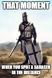 Crusader pissed off | THAT MOMENT; WHEN YOU SPOT A SARACEN IN THE DISTANCE | image tagged in crusader pissed off | made w/ Imgflip meme maker