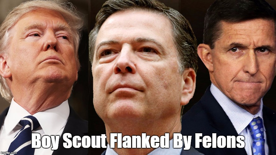 "Trump, Comey, Flynn: Boy Scout Flanked By Felons" | Boy Scout Flanked By Felons | image tagged in devious donald,despicable donald,dishonerable donald,deplorable donald,damnable donald,donald dick | made w/ Imgflip meme maker