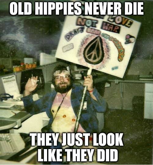 One fine day in Customer Service. | OLD HIPPIES NEVER DIE; THEY JUST LOOK LIKE THEY DID | image tagged in hippie,protester,happy office worker | made w/ Imgflip meme maker