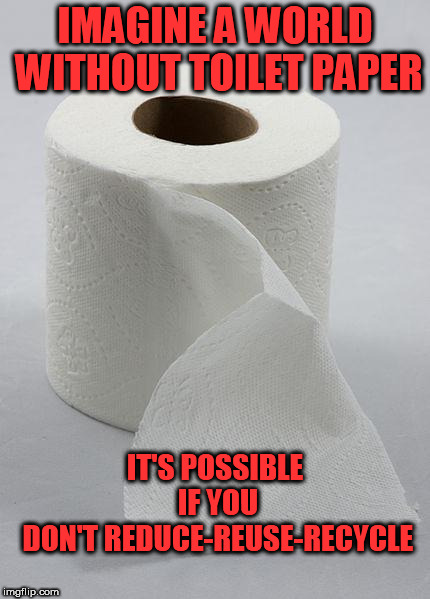 toilet paper | IMAGINE A WORLD WITHOUT TOILET PAPER; IT'S POSSIBLE IF YOU DON'T REDUCE-REUSE-RECYCLE | image tagged in toilet paper,recycle,crap,shit,dirty,ass | made w/ Imgflip meme maker