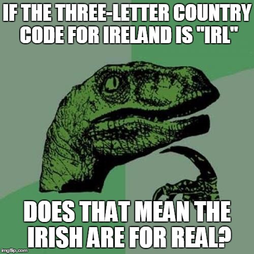 Philosoraptor | IF THE THREE-LETTER COUNTRY CODE FOR IRELAND IS "IRL"; DOES THAT MEAN THE IRISH ARE FOR REAL? | image tagged in memes,philosoraptor | made w/ Imgflip meme maker