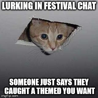 Ceiling Cat Meme | LURKING IN FESTIVAL CHAT; SOMEONE JUST SAYS THEY CAUGHT A THEMED YOU WANT | image tagged in memes,ceiling cat | made w/ Imgflip meme maker