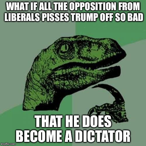 Philosoraptor Meme | WHAT IF ALL THE OPPOSITION FROM LIBERALS PISSES TRUMP OFF SO BAD THAT HE DOES BECOME A DICTATOR | image tagged in memes,philosoraptor | made w/ Imgflip meme maker