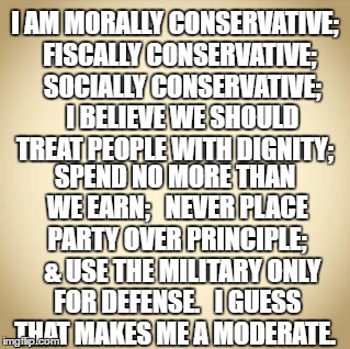 blank | I AM MORALLY CONSERVATIVE; 
FISCALLY CONSERVATIVE; 

SOCIALLY CONSERVATIVE; 

I BELIEVE WE SHOULD TREAT PEOPLE WITH DIGNITY;; SPEND NO MORE THAN WE EARN;  
NEVER PLACE PARTY OVER PRINCIPLE;  
& USE THE MILITARY ONLY FOR DEFENSE.  
I GUESS THAT MAKES ME A MODERATE. | image tagged in blank | made w/ Imgflip meme maker